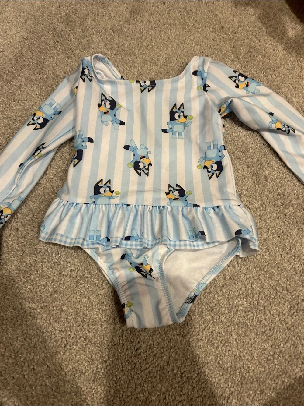 Blue Striped Long-Sleeve Ruffle One-Piece Swimsuit